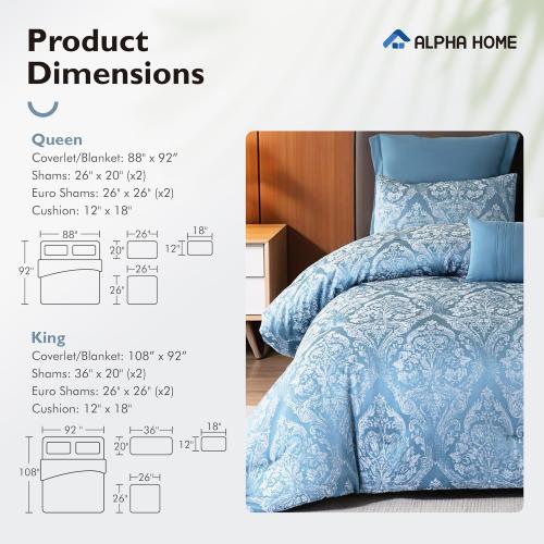 ALPHA HOME Queen Size Comforter Set - Jacquard Bedding Set for All Season Comfort, Luxurious Elegance Pillows Included (1 Comforter, 2 Pillow Shams, 2 Euro Shams)