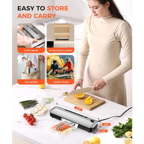 Vacuum Sealer Machine 75KPa Food with 6-in-1 Dry/Moist Modes & Digital Timer, Compact Lightweight Design, Built-in Cutter   10 Bags (Black Silver)