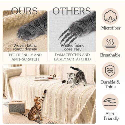 Beige,71''x102'' Couch Cover for Dogs Washable Sofa Cover, Sectional Couch Covers, Sofa Covers for 2 Cushion Couch, Non Slip Stripe Sofa Slipcovers Furniture Protector, Couch Protector from Cat Claws, Beige,71''x102'