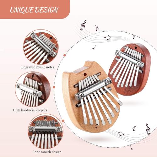 eBoot 10 Pcs 8 Keys Mini Kalimba Piano Set Include Thumb Piano with Lanyard Chain Finger Protector and Cleaning Cloth Wood Finger Pianos Gift for Adults Beginners(Wood,Oval, Cat Shaped)