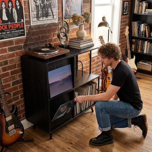 Faesun 3 Tier Flip Top Record Player Stand, Vinyl Record Storage Holds up to 300  Albums, Large Record Player Cabinet, Vintage Turntable Stand with Vinyl Display, for Living Room Bedroom, Black ‼️used product ‼️has some mild color peeling and bent wood‼️