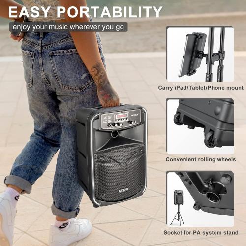 Portable Bluetooth PA System with Wireless UHF Microphone, 8 inch Rechargeable Karaoke Machine,8 inch Subwoofer,FM/LED/TWS/LINE in (GTSK8-2)
