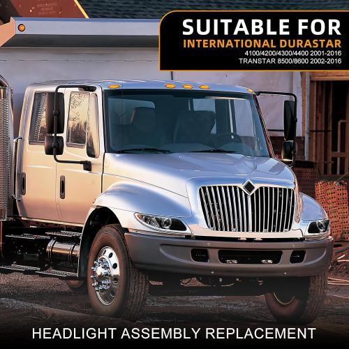 Headlight Fit ForInternational Durastar 4300 Right Passenger Side | Head Light for Durastar 2001-2016 4100/4200 Transtar 8500/8600 2002-2016 Black Housing Headlamp IP68 Waterproof DOT Approved