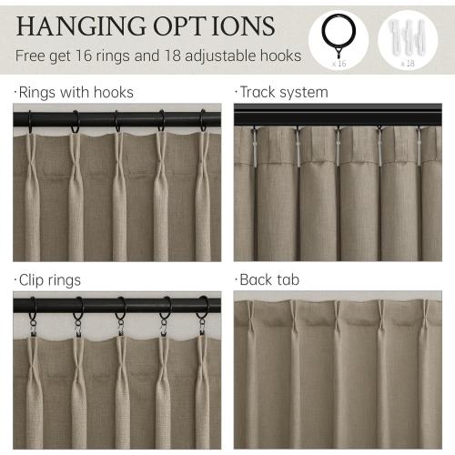 Taupe Pinch Pleated Linen Semi Sheer Curtains 96 Inches Long 2 Panels for Living Room Bedroom Rustic Country Thick Linen Textured Farmhouse Pinch Pleat Curtain Drapes with Hooks Rings 96 Inch Length