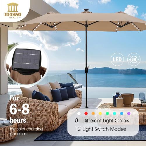 HERA'S PALACE 13ft Patio Umbrella with 120 LED Solar Lights Double Sided Outdoor Umbrella for Patio 8 Colors Changing Table Umbrella Outdoor Patio for Garden Pool