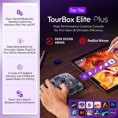 TOUR BOX Elite Plus - iPad Drawing Bluetooth Controller, Video Editing Photo Color Grading Speed Editor, Programmable Creative Console Keyboard for DaVinci Procreate Adobe Softwares and More