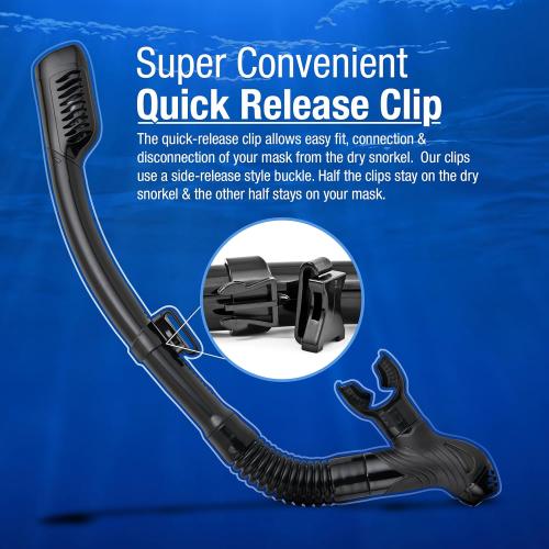 BLACK Dry Snorkel with Purge Valve - Snorkel Gear for Adults with Comfortable Silicone Mouthpiece & Quick Release Clip - Scuba Diving, Snorkeling, Freediving, Spearfishing, Swimming