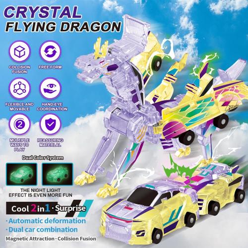 Collision Transforming Dinosaur car Toy | 2-in-1 robo Crash Magnetic Race Cars | Transform into Dinosaurs Robot Toys | for Boys & Girls Age 4-8 (Crystal Purple Dragon)