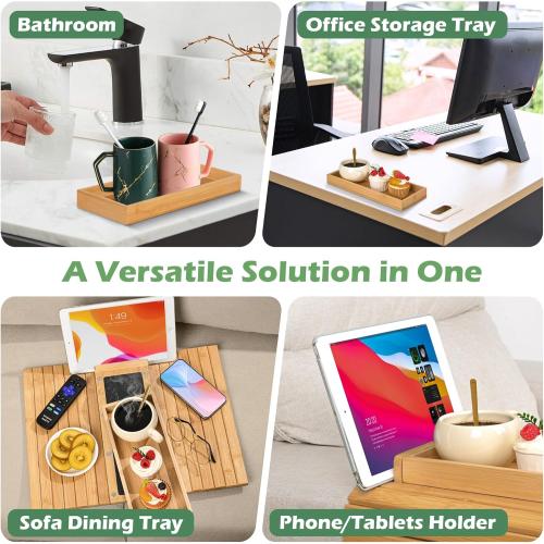 Joy&Grace Couch Arm Tray, 3-in-1 Magnetic Detachable Sofa Arm Table with Phone and Tablet Holder Bamboo Couch Cup Holder, Foldable Sofa Armrest Tray for Eating, Drinks, Phones (Natural)
