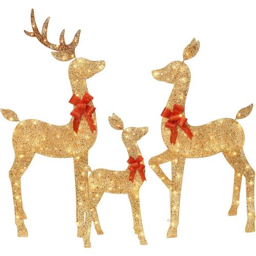 HOYECHI 5 FT Oversized Christmas Decorations Outdoor Lighted Reindeer – 3-Piece 2D Deer Family Set with 160 Warm White LED Lights for Yard, Lawn, Garden & Porch Holiday Display - Gold