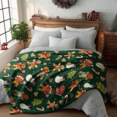 Horaldaily Christmas Flannel Blanket Throw, Green Gingerbread Man Christmas Bear Soft Fuzzy Plush Cozy Fleece Blankets for Couch Sofa Bed Lounging, Ideal Gifts for Kids Adults Wife Self, 50x60