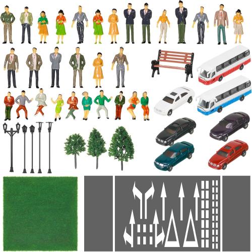 Sratte 64 Pcs Model Train Scenery Accessories 1: 50 Scale Painted Figures Miniature People Figurines Mini Architectural Model Cars Trees Lamps Bench Lawn for Micro Scene Projects