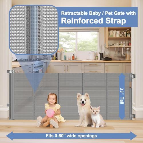 BLACK Reinforced Retractable Dog Gate with Support Strip 60 Wide Retractable Outdoor Gate for Decks Mesh Dog Gate Retractable Indoor Retractable Pet Gate for Dogs Retractable Mesh Gate Retractable Cat Gate