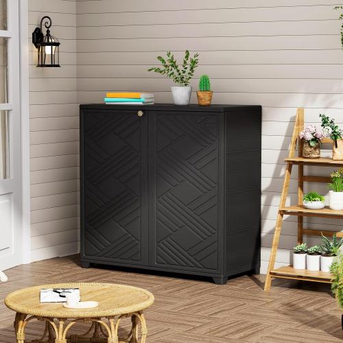 ZZM Indoor/Outdoor Storage Cabinet Waterproof, 34x15x34 Plastic Outdoor Storage Box for Garden Balcony Bathroom, All Weather Outdoor Storage Clearance, DIY Usage, with 1 Shelf (Black)