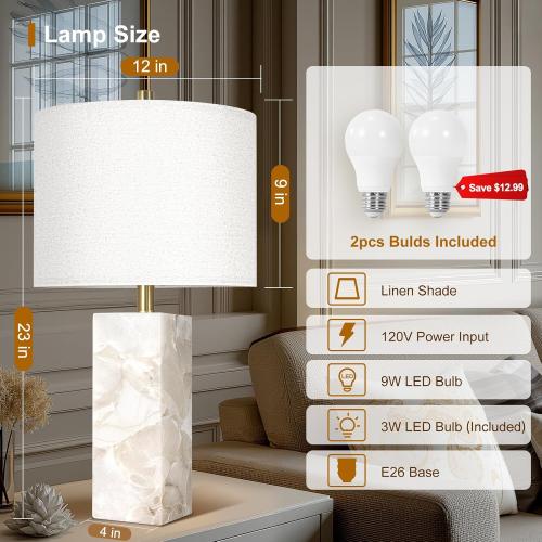 Scenekoy Alabaster Table Lamp Set of 2 with Night Light for Bedroom Living Room, 23 Rotary Switch Bedside Lamp with Linen Shade, Modern Nightstand Lamps for Room Office Dorm (Bulb Included)