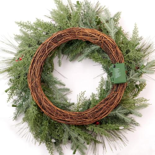 Pre-lit Christmas Wreath for Front Door, Snow Branches, 22 Inch Battery Operated 50 LED Lights, Decorations for Indoor & Outdoor Green