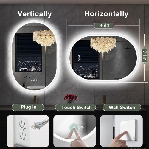 S'bagno 24x36 Oval LED Bathroom Mirror with Lights, Anti-Fog, Bluetooth Speaker, 3 Colors Temperature & Dimmable, Lighted Mirrors for Bathroom Wall with Memory Function, Waterproof, Shatter-Proof