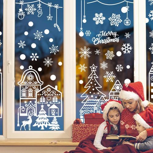 Large Christmas Window Clings, Xmas Window Stickers White House Snowflakes Reindeer Decals for Winter Glass Christmas Window Decoration