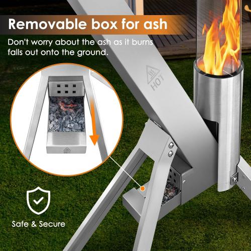 Outdoor Pellet Heater, Pellet Patio Heater, Outdoor Fire Pit with Safety Ash Box, Glass Tube(1m) Fireplace with Tripod, Add Space Light and Ambience for Patio and Backyard