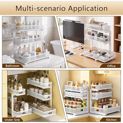 Under Sink Organizer, 3-tier Under Sink Storage Organizer Adjustable Height Easy Assembly Pull Out Cabinet Organizers Basket for Bathroom Kitchen Pantry Home Organization