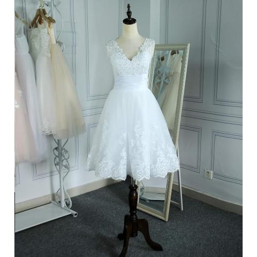 Short Lace Wedding Dresses (104x86) Knee Length Travel Tulle Rhinestones V-Neck Lace Up Bride Gowns Vintage Dress