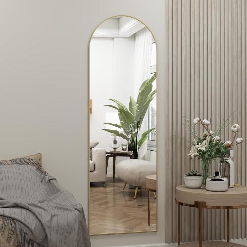 Arched Full Length Door Mirror 14x48, Metal Frame with Protective Film, No-Drilling Hanging or Wall Mount, Hooks & Hardware Included, Full Body Mirror for Bedroom, Dorm, Gold