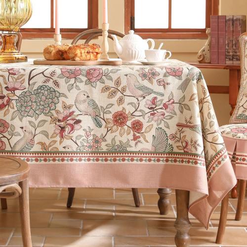Size  67 Color Pink patdrea Designer Pink Linen Table Cloth for Rectangle Table,Vintage Floral with Birds Pattern Decorative Tablcloth,French Table Cover for Kitchen Dining,Thanksgiving,Christmas,