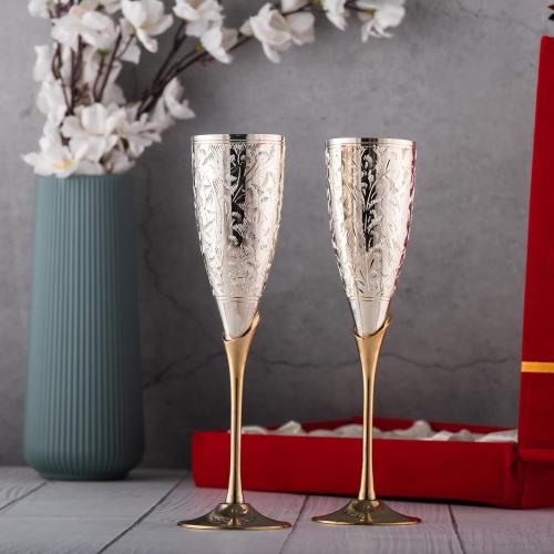 Pure Brass Silver Coated Champagne Glass Set of 2 - Encarved Goblet Champagne Flutes Glasses Comes with Valvet Blue Gift Box - Ideal for Wine Baverage Juice & More 100ml