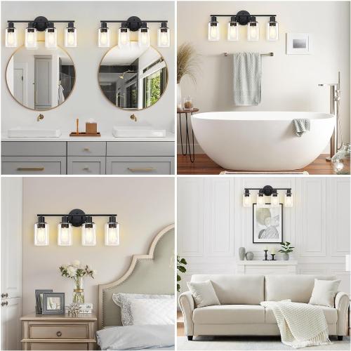 Pia Ricco Bathroom Vanity Light Fixtures, 4-Light Black Vanity Lights with Clear Glass Shades, Modern Wall Sconces Over Mirror, Bath Wall Sconces for Mirror Living Room Bedroom Hallway‼️doesn't come with light bulbs‼️