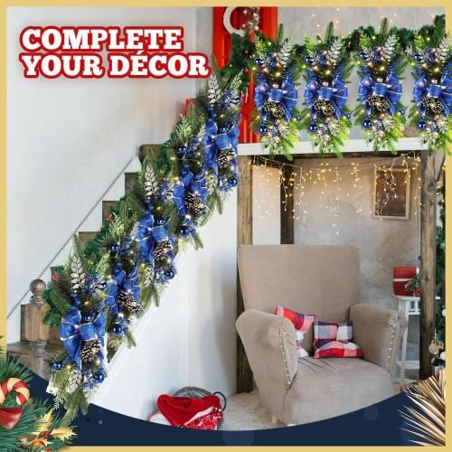 Lyrow 4 Pack Christmas Artificial Swags 24 Xmas The Cordless Prelit Stairway Swag Teardrop Trim Wreath Door Stair Garland Christmas Decoration for Outdoor Home Garden Decor(Blue,Novel Style)
