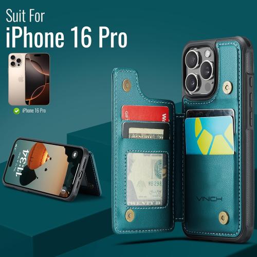 Compatible with iPhone 16 Pro 6.3 Wallet Case with Card Holder RFID Blocking for Women Men, Double Magnetic Clasp Kickstand Shockproof Phone Case Fit for iPhone 16 Pro, Bluish Green