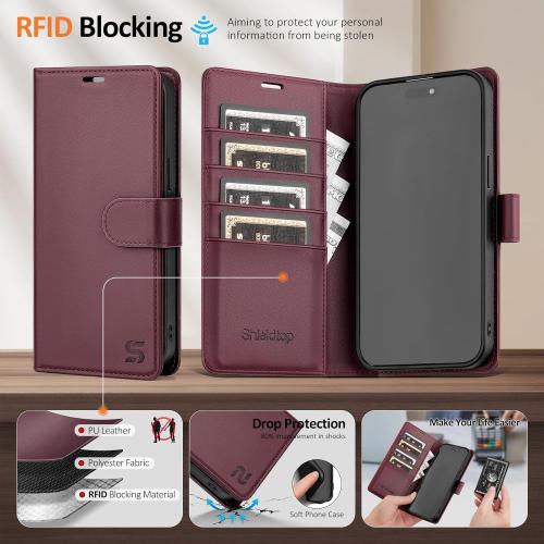 Shieldtop Compatible with Magsafe Magnetic 2 in 1 Detachable iPhone 13 Pro Max Wallet Case with Card Holder Credit Slots Men Women,PU Leather RFID Blocking Flip Kickstand for Apple 13 Pro Max,Wine Red