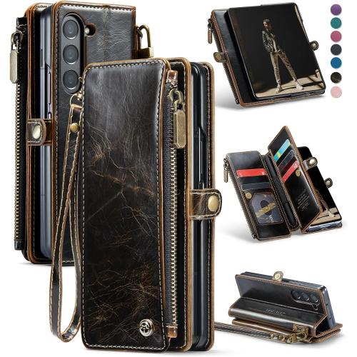 Defencase Wallet Case Compatible with Samsung Galaxy Z Fold 5 with RFID Blocking Card Holder & S Pen Holder Slot PU Leather Magnetic Snap Flip Zipper Strap Phone Case Fit for Galaxy Z Fold 5, Coffee