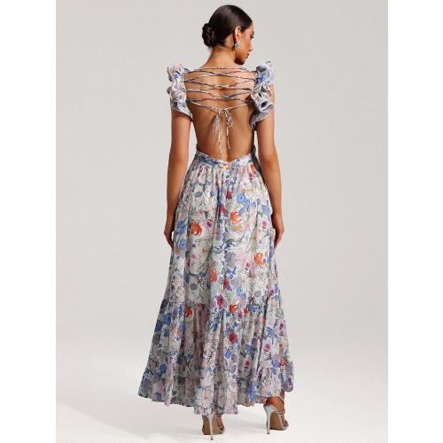 XL Neck Strappy Floral Maxi Puff Sleeves Tea Party Dress Cut Out Waist Detail Pleated Boho Dress