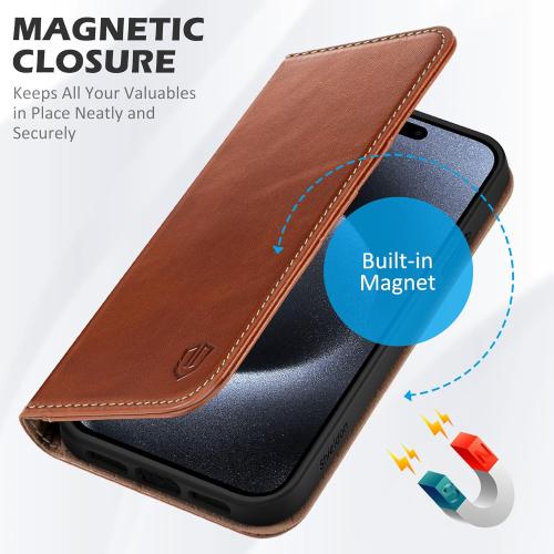 SHIELDON Case for iPhone 15 Pro Max 6.7, Genuine Leather Wallet Flip Magnetic Cover RFID Blocking Credit Card Holder Kickstand TPU Shockproof Case Compatible with iPhone 15 Pro Max 5G - Retro Brown