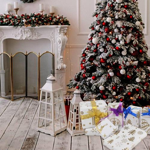 KIMOBER 4 Rolls Christmas Wrapping Paper with Cut Lines on Reverse,Coated Paper with Golden Christmas Elements(30in × 144in Per Roll)