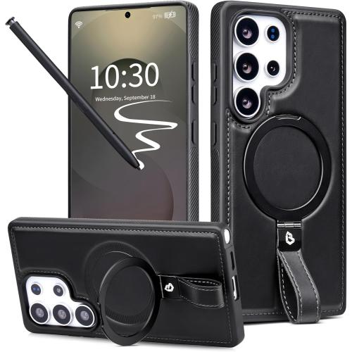 for Samsung Galaxy S25 Ultra Case Leather with Stand, Anti-Slip Grip Ring, Fits for MagSafe (Black, S25 Ultra)