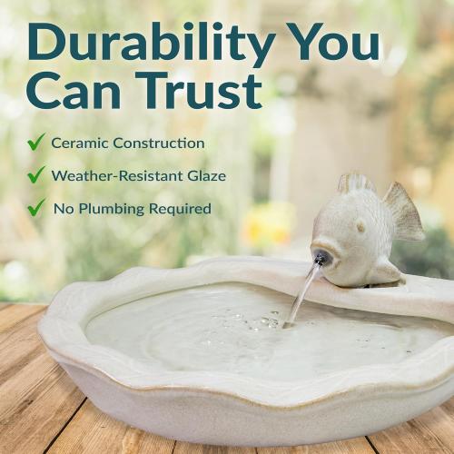 Sunnydaze Glazed Ceramic Fish 7-Inch Outdoor Garden Fountain - Outdoor Tabletop Fountain for Patio, Deck, Garden