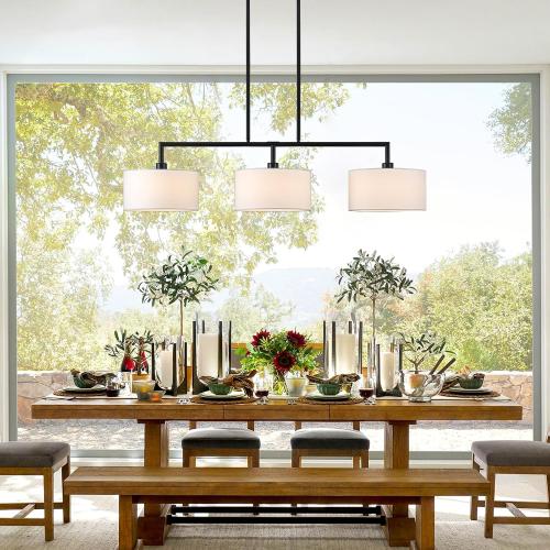 47 W Modern Linear Kitchen Island Pendant Light Fixture 3-Light White Linen Drum Shade Chandelier Black Metal Linear Chandeliers for Dining Room Farmhouse Hanging Light for Living Room, Bar, E26