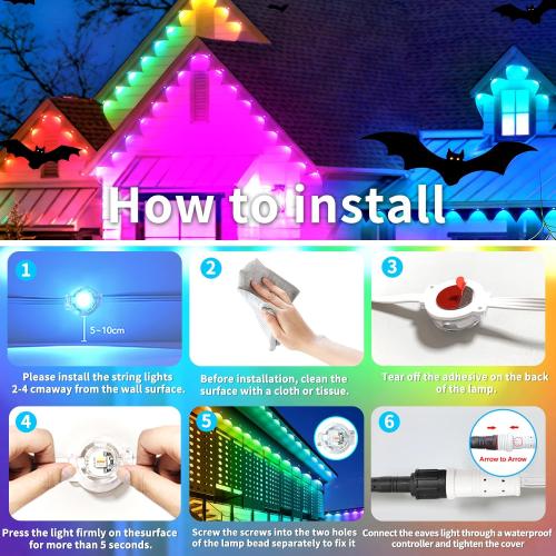 200FT Permanent Outdoor Lights for House,Waterproof Smart RGB LED Eaves Lights，permanent outdoor lights with App/Remote Control,Music synchronisation，for House,Halloween,Roof,Christmas Decorations