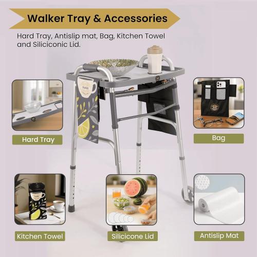 Walker Tray for Folding Walker with Cup Holders, Non-Slip Mat & Bag - Adjustable Universal Plastic Food Table for Seniors - Detachable Guardian Accessories - Removable Walker Trays for rolling walker