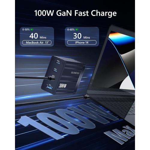 Black 100W USB C Charger Block,4 Ports,Type C GaN Fast Block,Foldable Travel Plug Power Adapter for iPhone iPad Samsung Laptop,Tablets MacBook Pro Charger Replace for 65W 45W