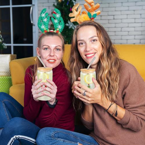 Honeydak 2 Pcs Christmas Icon Juice Glass Tumbler with Lid and Straws - 18 oz Christmas Tree & FA LA LA Drinking Glasses Coffee, Beer, Soda, Juice Cups for XMAS Party Supplies Gift