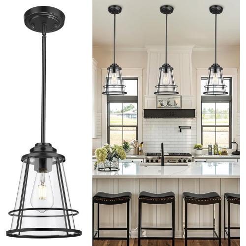 Pendant Lights Kitchen Island Black 8 Inch Large Pendant Light With Clear Glass Industrial Farmhouse Cage Hanging Lights Fixture for Kitchen Dining Room Bedroom Hallway Foyer (1 Pack), ZCPL108BK-L