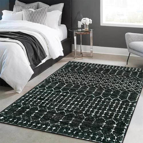 Lahome Moroccan Black Rug for Bedroom Washable Area Rugs 4x6 Non-Slip Ultra-Thin Living Room Carpet Stain Resistant Throw Entryway Indoor Mat, Geometric Print Modren Carpet Rug for Office Kitchen Hana