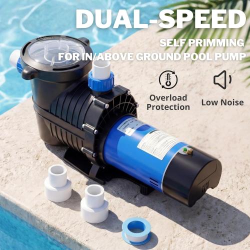 FOTING In/Above Ground Pool Pump, Self Primming Pool Pump High Flow 1.5 & 2 NPT Inlet Connectors, Blue