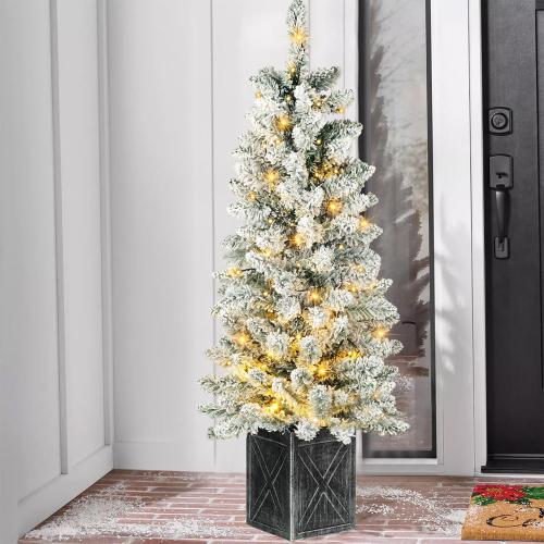 4FT Prelit Christmas Tree 2-Pack Snow Flocked Artificial Potted Christmas Tree with 100 Warm White LEDs Battery Powered & 8 Lighting Modes for Xmas Porch Entrance Decorations