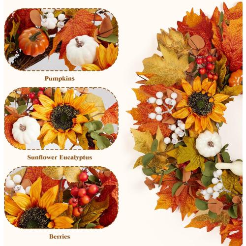 Fall Wreath for Front Door, 22-24 Autumn Wreath with Sunflower, Pumpkin, Berry. Artificial Home Decorations for Indoor Outdoor Window Wall Porch,UV Resistant Seasonal Decor for Thanksgiving Halloween