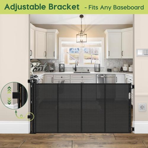 Reinforced 55 Wide Retractable Baby Gates with Reinforced Strips Retractable Dog Gate for the House Prevents Bottom Drilling Through Kid/Pet Mesh Baby Gate for Stairs Puppy Gates for the House, Black