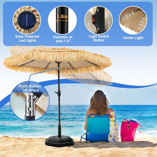 9 FT Solar Thatch Tiki Umbrella, Hawaiian Style Straw Umbrellas with Zinc Alloy Push Button Tilt, UPF 50  Patio Umbrella,Outdoor Umbrella with 32 LED Lights for Beach, Pool,Garden